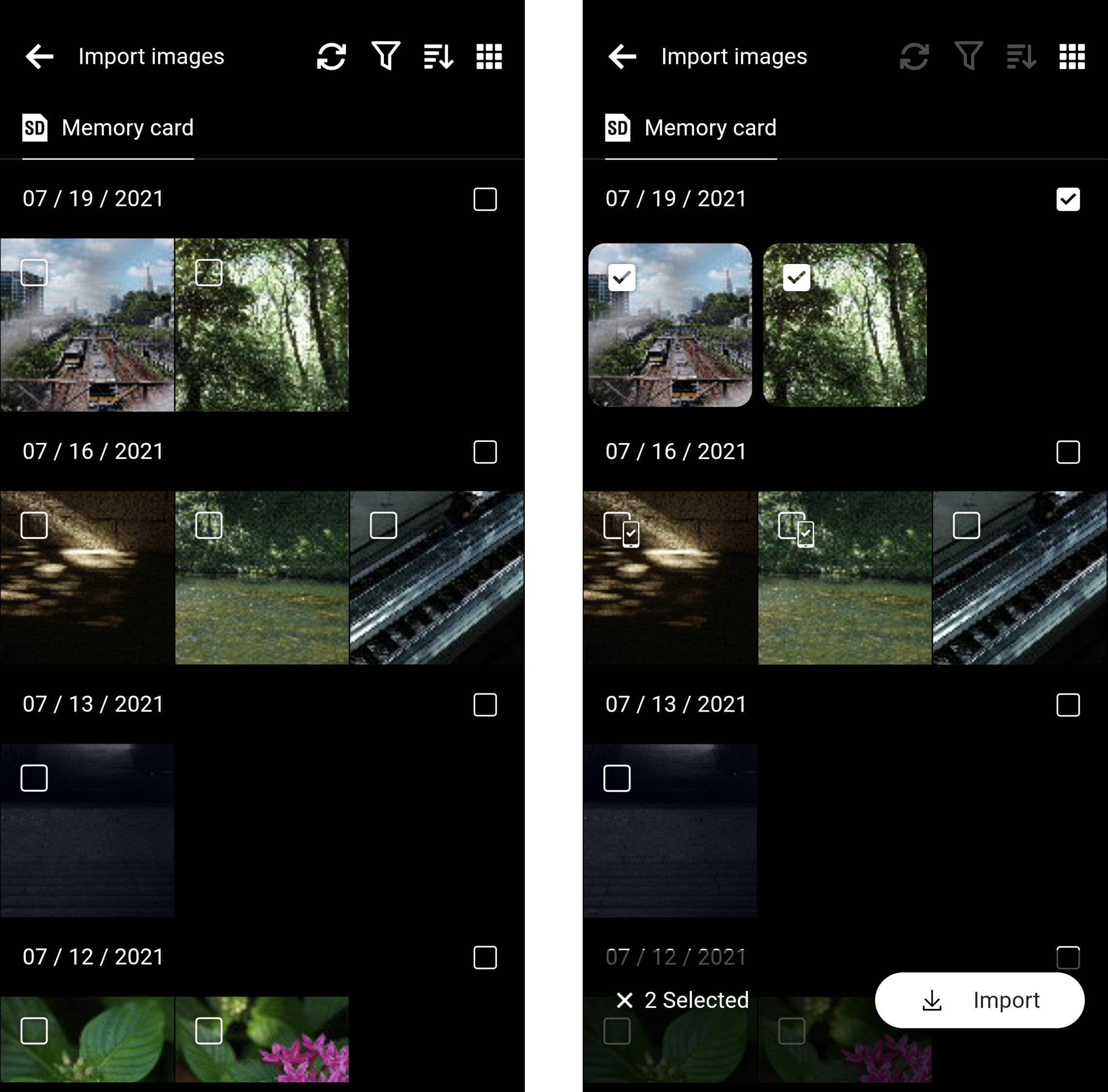 Image import (image selection/importing) screen
